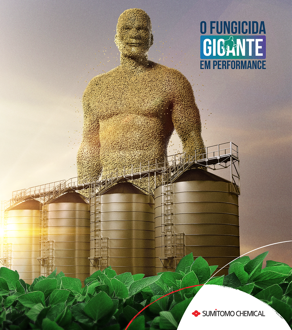 Identidade visual da campanha de Excalia Max, com o fungicida gigante em performance feito de soja