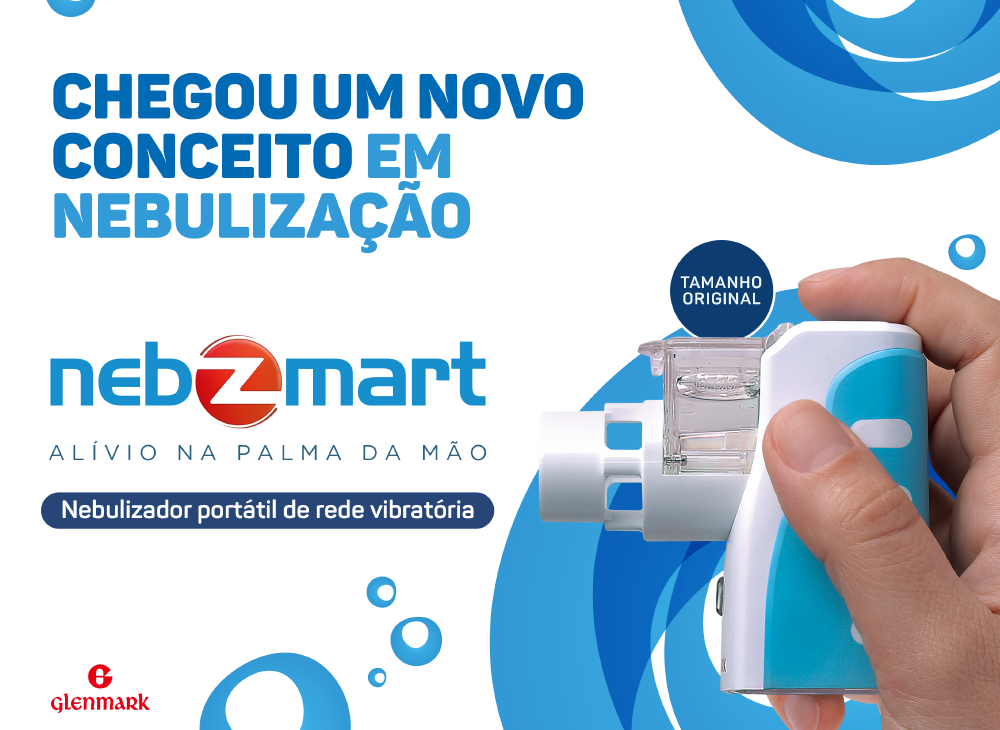 Identidade visual da campanha de Nebzmart, com mão segurando o aparelho nebulizador