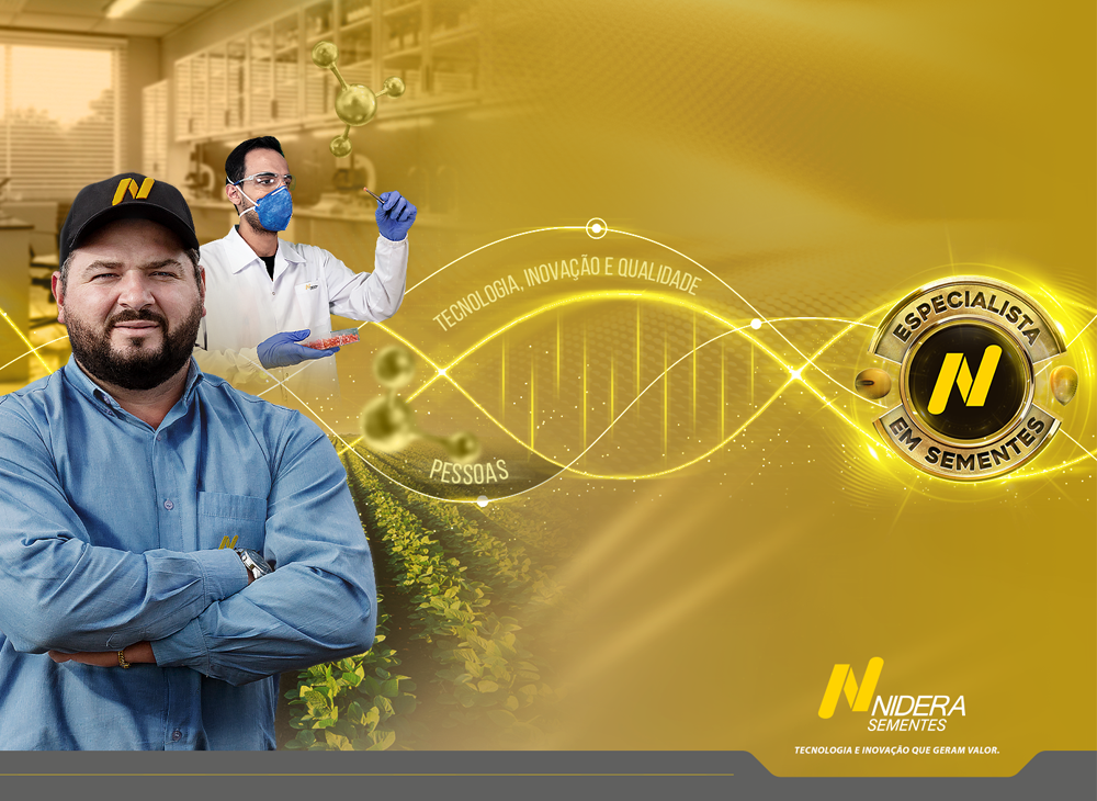 Identidade visual da campanha da Nidera Sementes, mostrando um DNA tecnológico e profissionais trabalhando no campo e laboratório